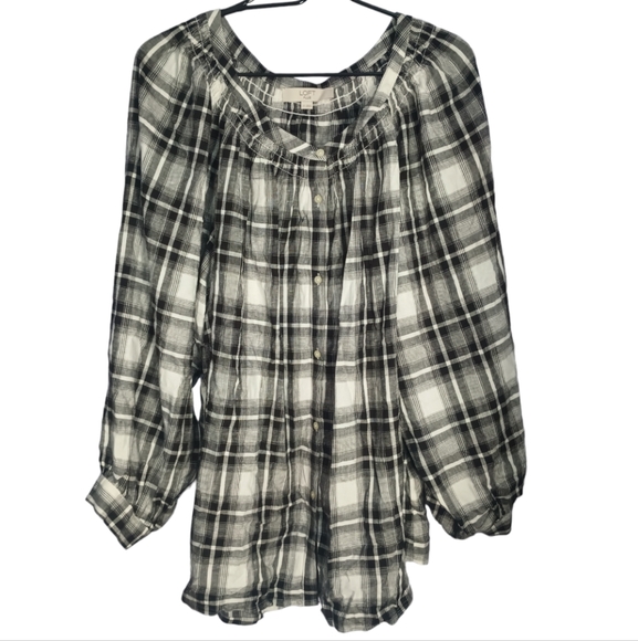 Loft PLUS Top, Plus Size Long Sleeve Top, Size: 22, Plaid Smocked Neck Tunic - Picture 2 of 5